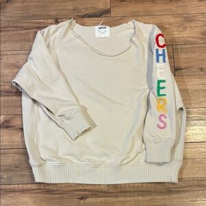 aerie Cream Scoop Neck Sweatshirt with Colorful 'CHEERS' Sleeve